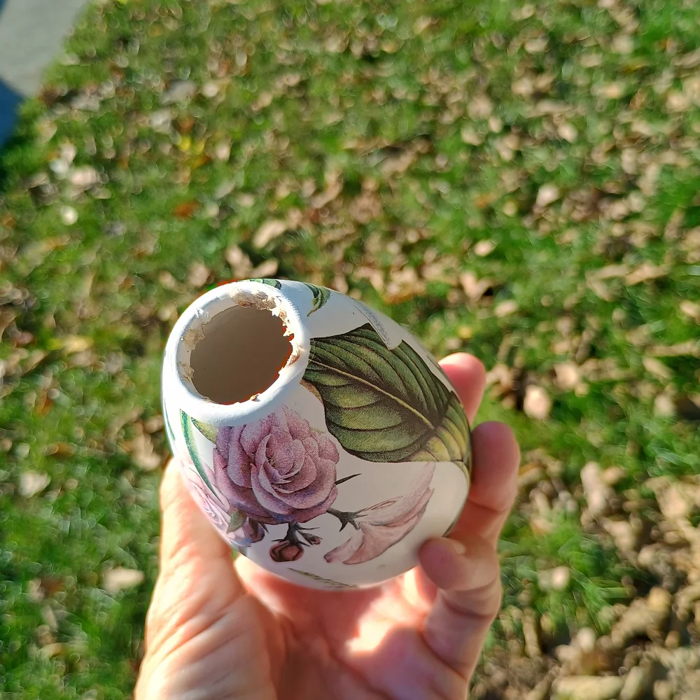 Small teardrop shaped floral print vase or candlestick holder, cottage core vibe
